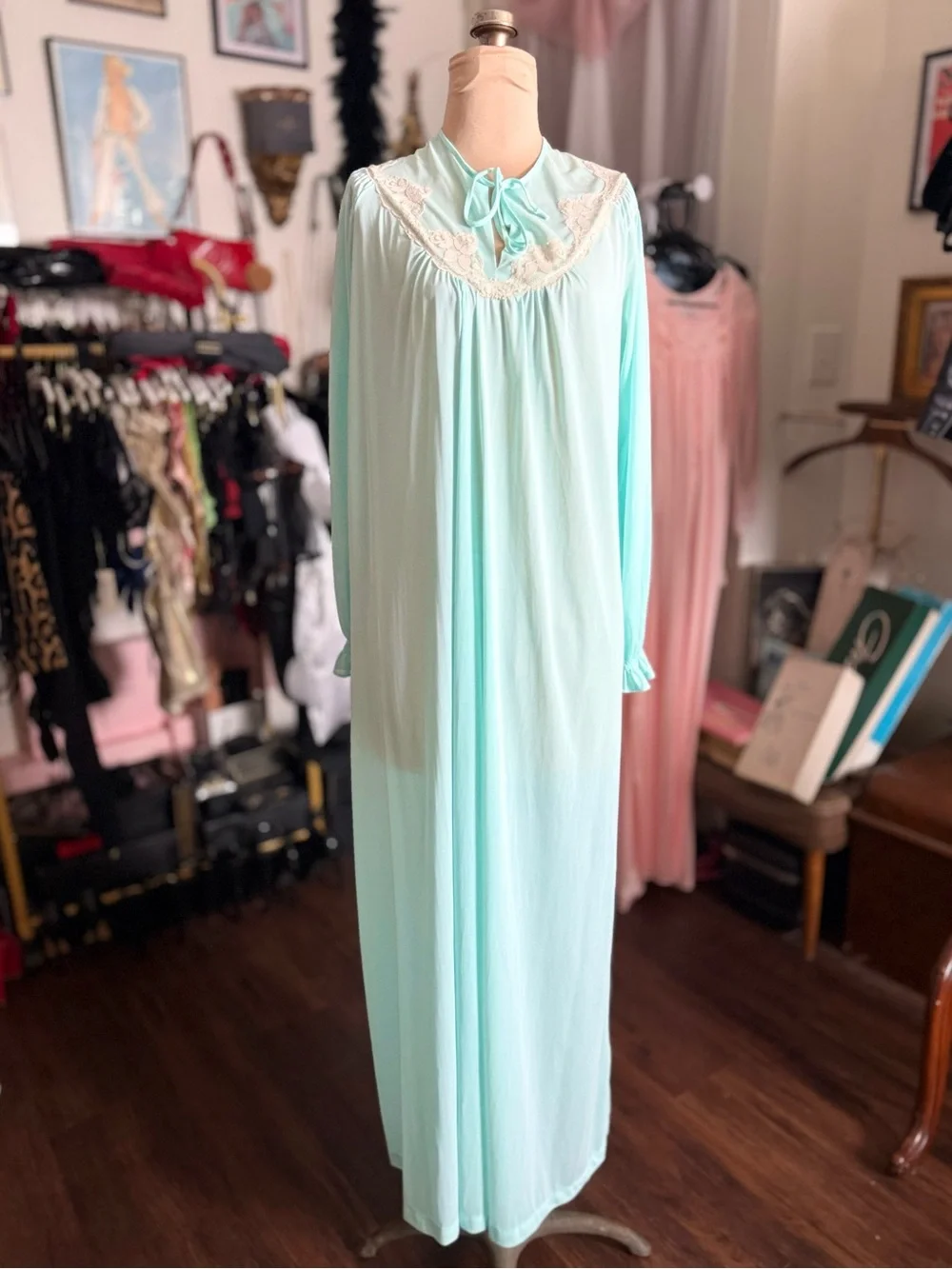 Vintage 1950s Pastel Long Nightgown with Lace